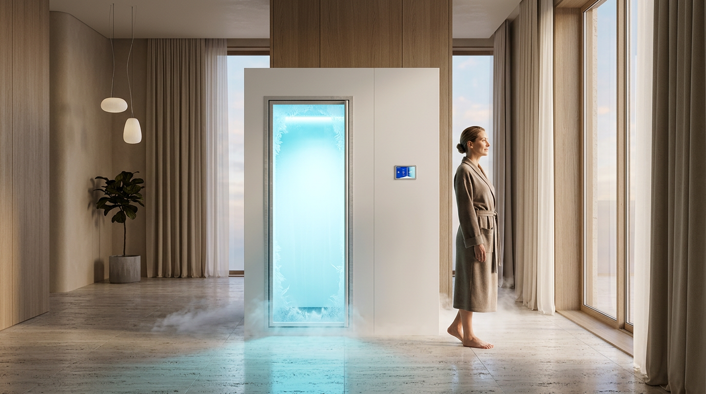 Private client beginning a longevity and recovery ritual in a residential cryotherapy suite at dawn